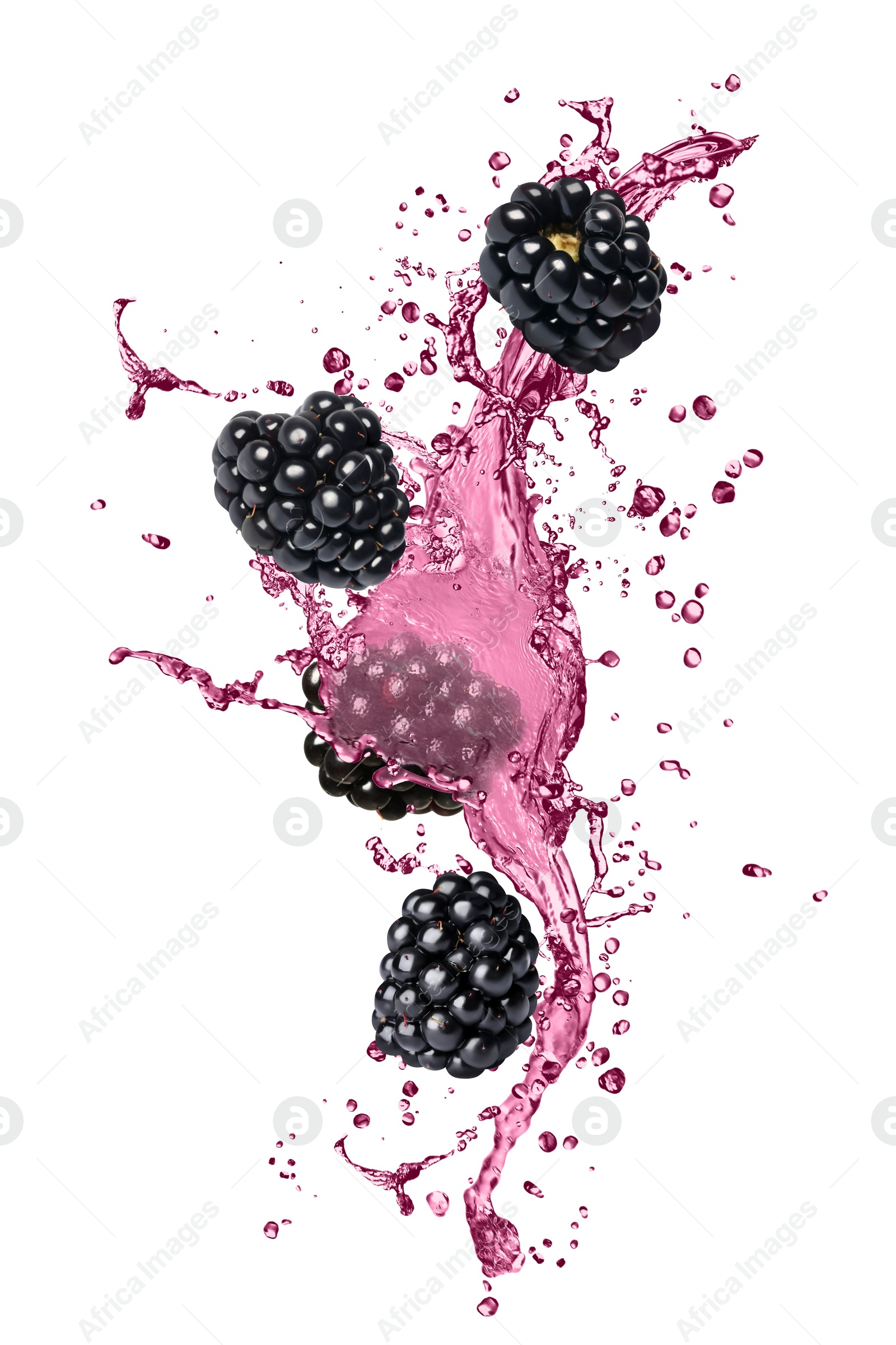 Image of Fresh blackberries and juice in air on white background