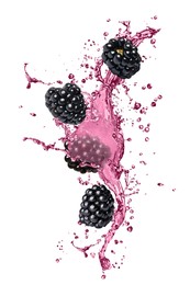 Fresh blackberries and juice in air on white background