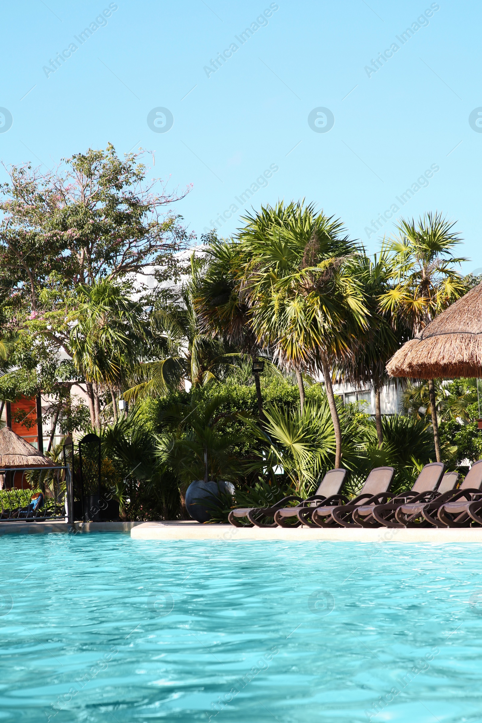 Photo of Outdoor swimming pool with sunbeds at resort on sunny day