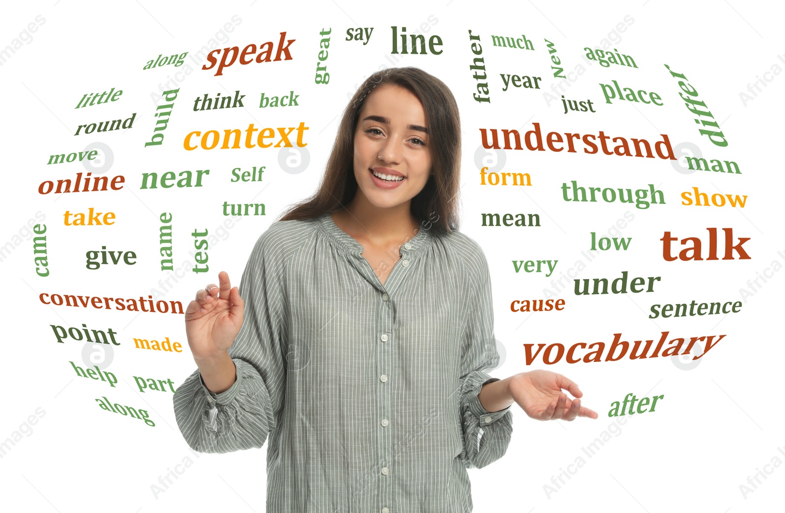 Image of Young woman talking surrounded by word cloud on white background