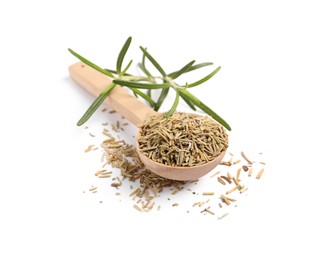 Wooden spoon with fresh and dry rosemary isolated on white