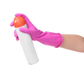 Woman holding spray bottle on white background, closeup