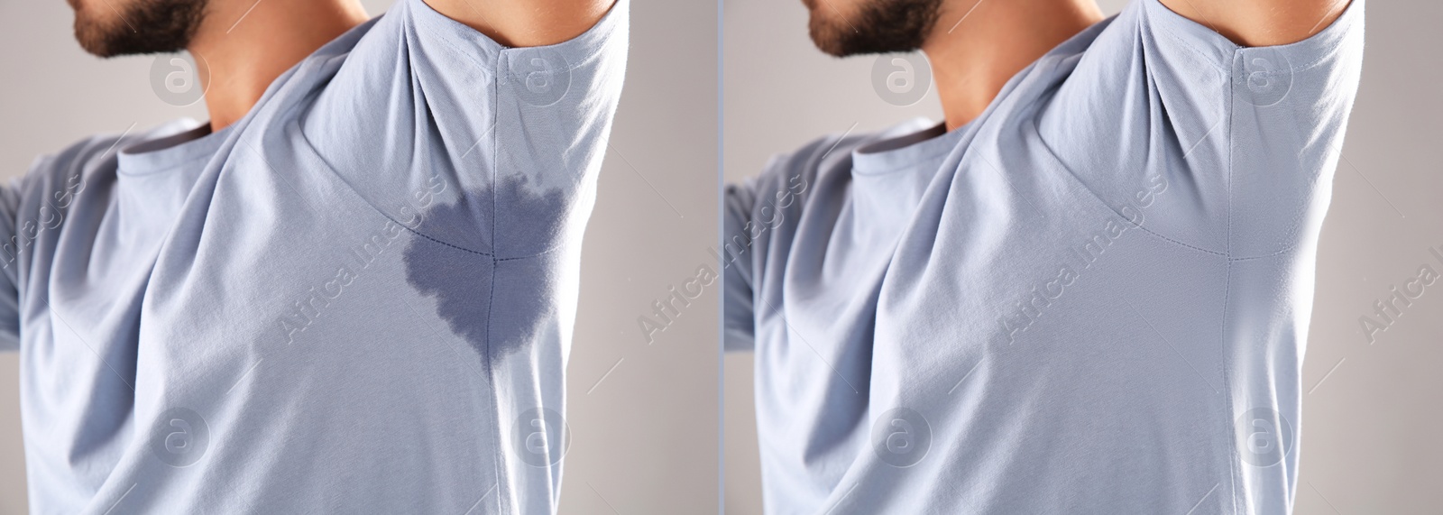 Image of Man in t-shirt before and after using deodorant on grey background, closeup