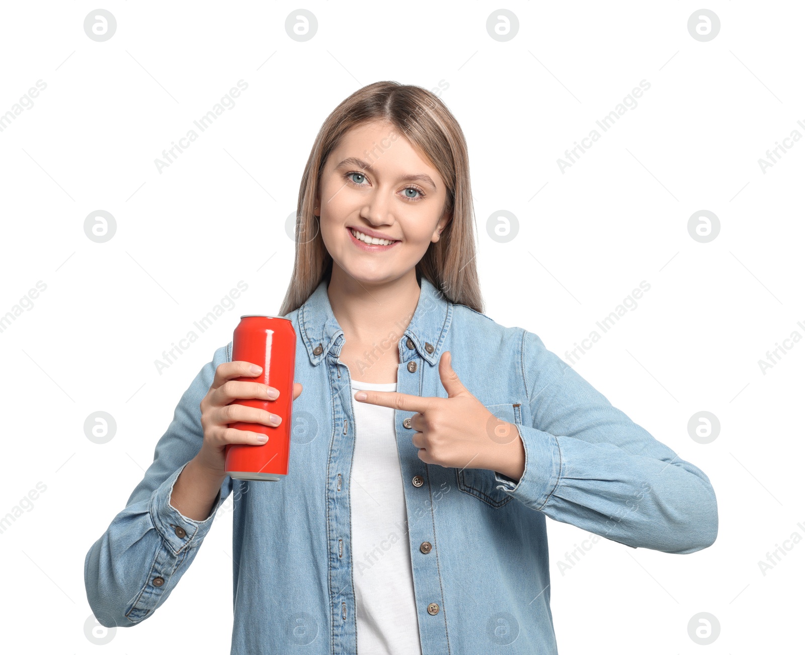 Photo of Beautiful happy woman holding red beverage can on white background