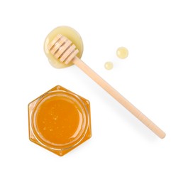 Tasty honey in glass jar and dipper isolated on white, top view