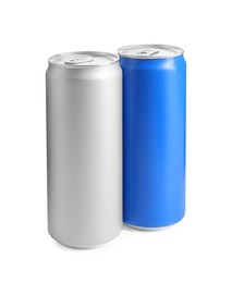 Energy drinks in aluminum cans on white background