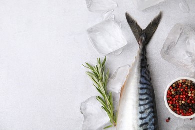 Raw mackerel, peppercorns and rosemary on light gray table, flat lay. Space for text