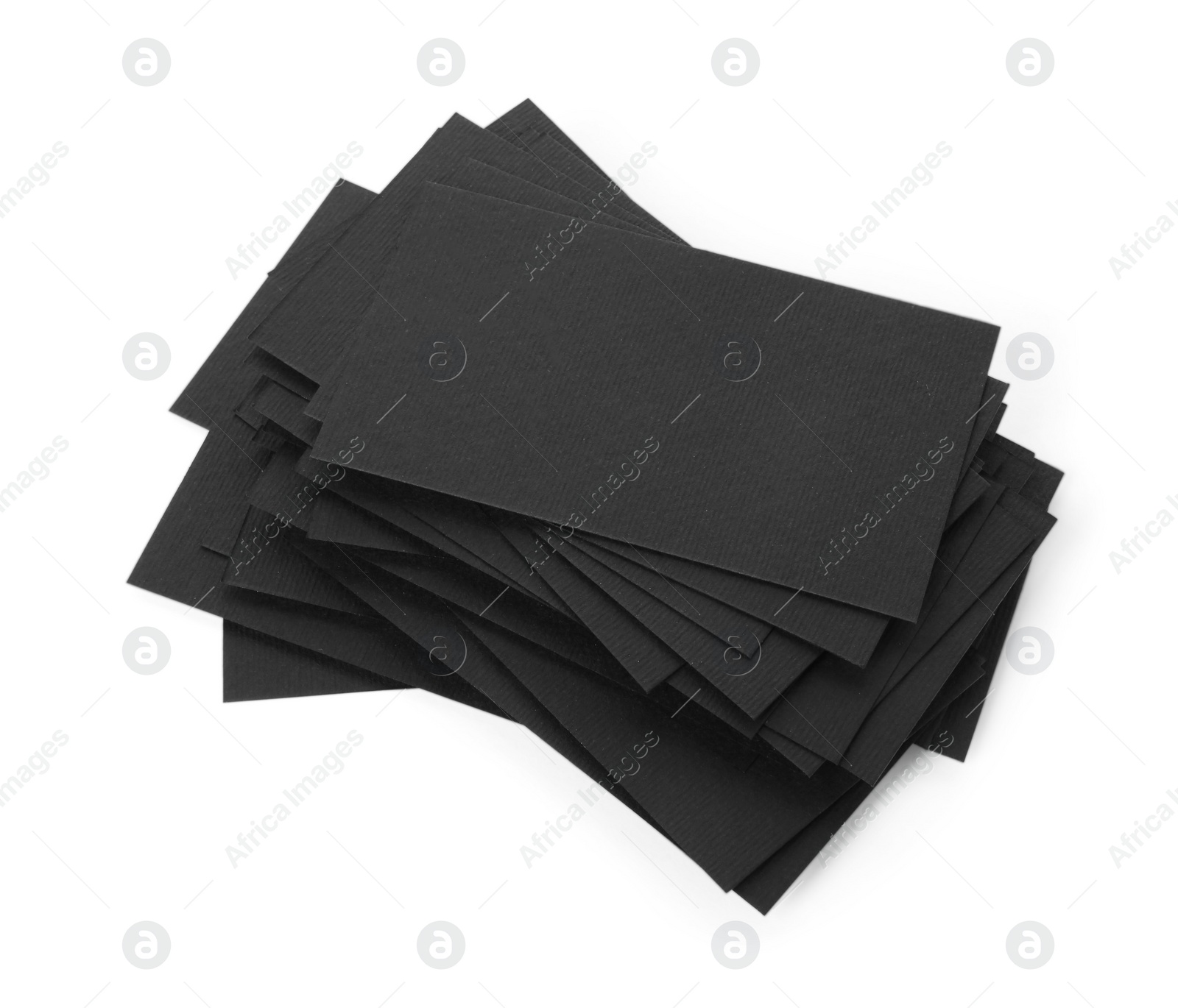 Photo of Many blank black business cards isolated on white, above view. Mockup for design