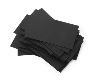 Photo of Many blank black business cards isolated on white, above view. Mockup for design