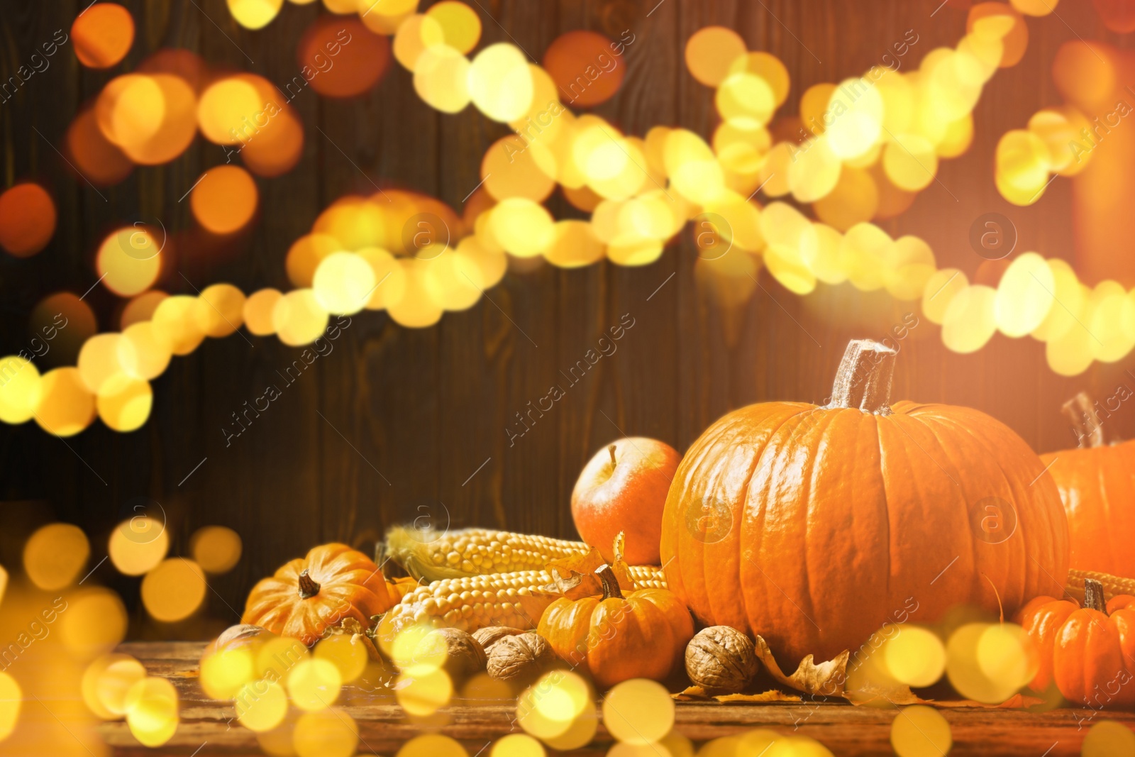 Image of Composition with ripe pumpkins on wooden table, bokeh effect. Happy Thanksgiving day