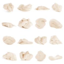 Image of Used chewing gum on white background, collage