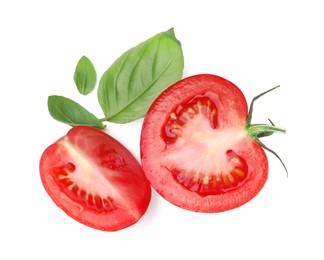 Photo of Fresh green basil leaves and cut tomato on white background, top view