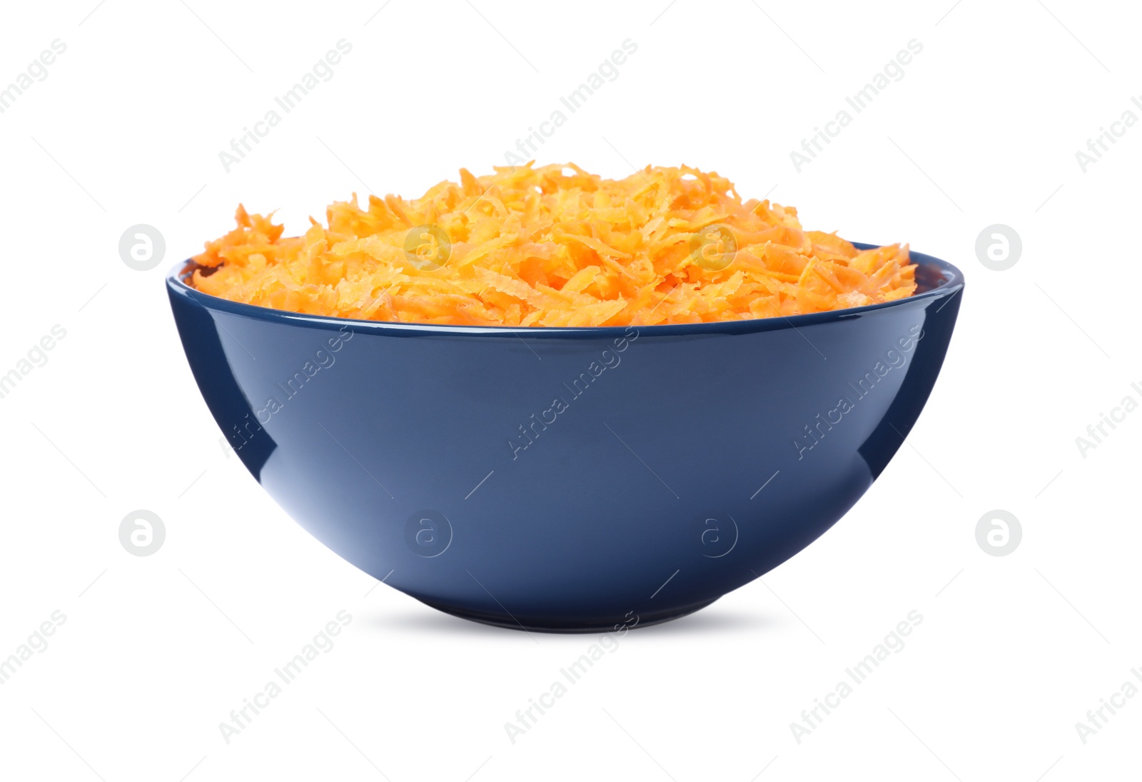 Photo of Fresh grated carrot in bowl isolated on white