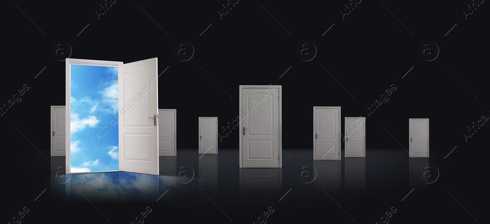 Image of One open door among closed ones in room. Concept of choice