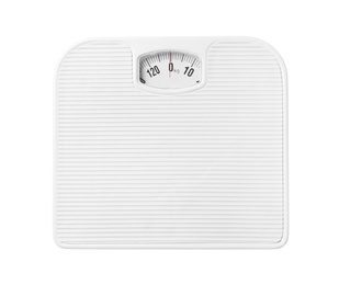 Photo of Bathroom scales on white background, top view. Weight loss concept