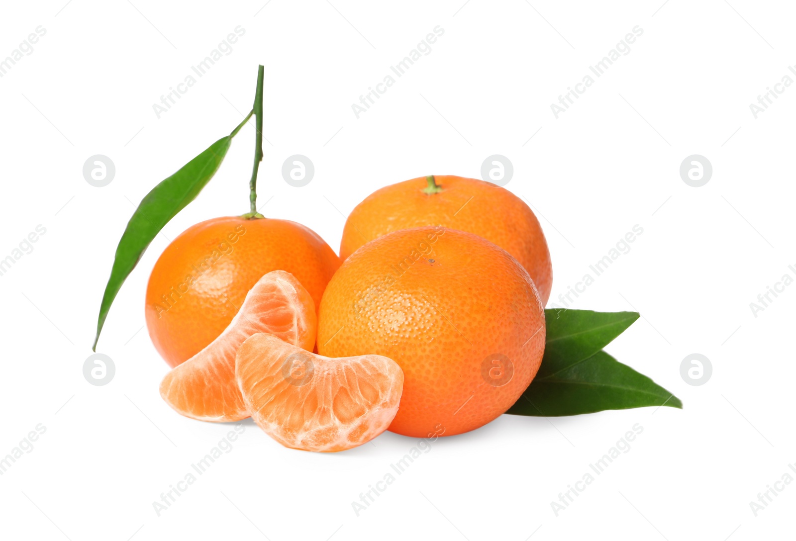 Photo of Fresh ripe juicy tangerines with green leaves isolated on white