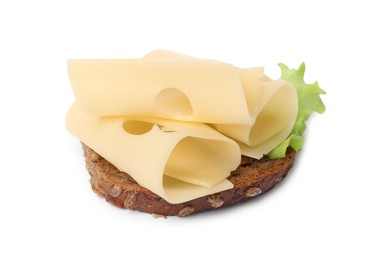 Tasty sandwich with slices of fresh cheese and lettuce isolated on white