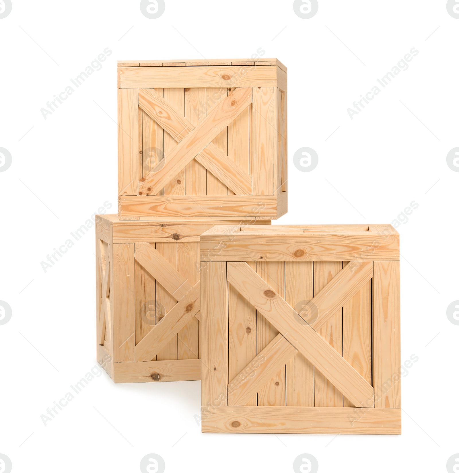 Photo of Three big wooden crates on white background