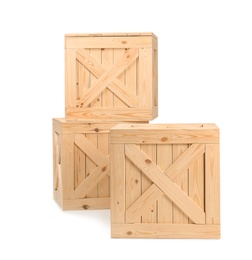 Photo of Three big wooden crates on white background