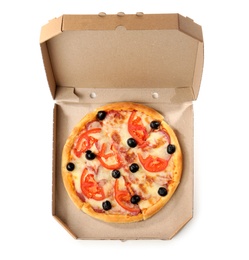 Open cardboard box with delicious pizza on white background, top view. Food delivery