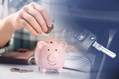 Image of Buying vehicle. Double exposure of woman putting coins into piggy bank and car key