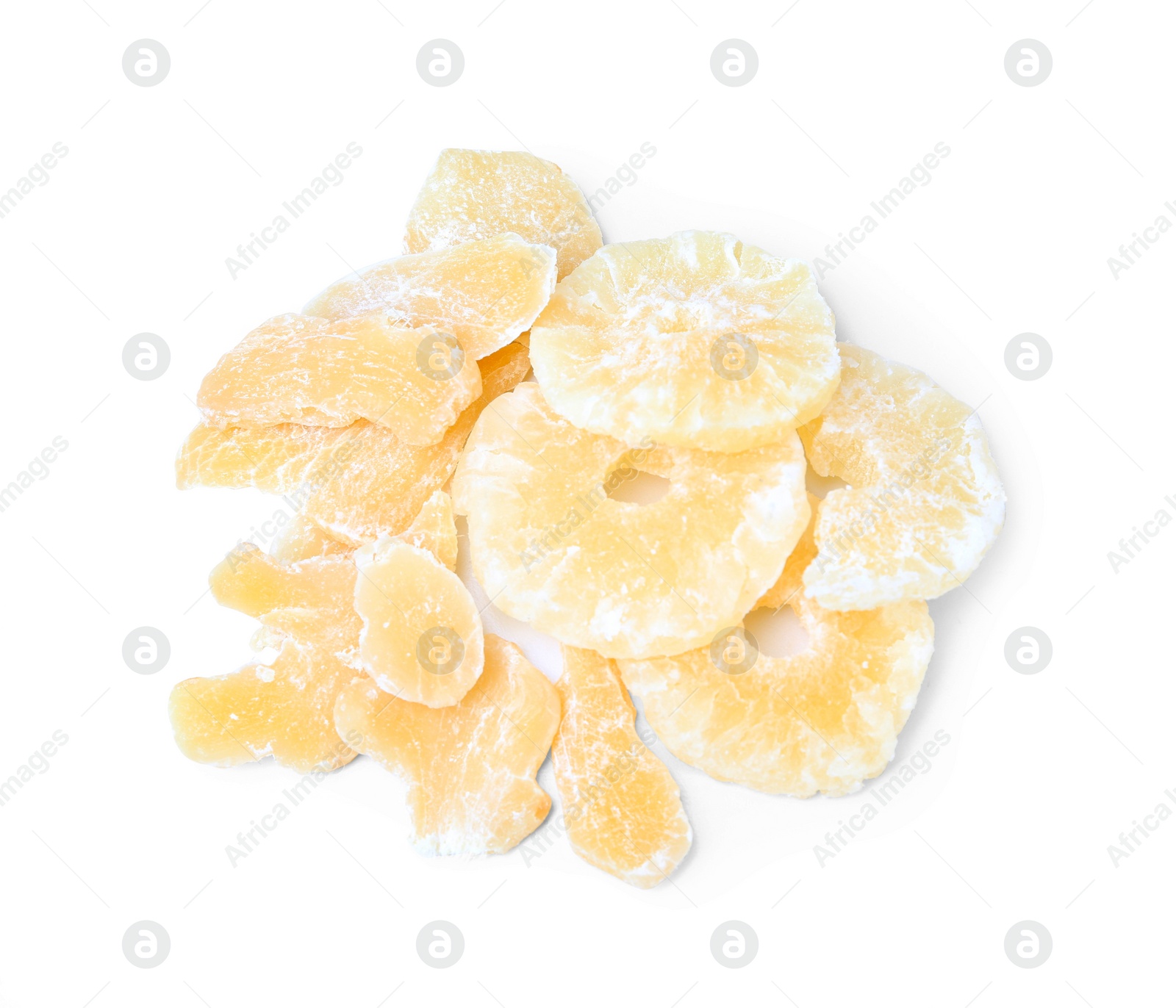 Photo of Tasty dried pineapple on white background, top view. Healthy snack