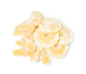 Photo of Tasty dried pineapple on white background, top view. Healthy snack