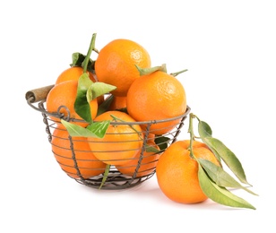 Metal basket with tasty ripe tangerines on white background