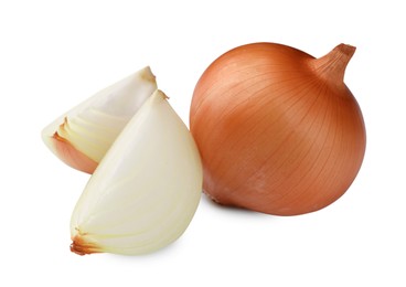 Photo of Whole and cut onions on white background