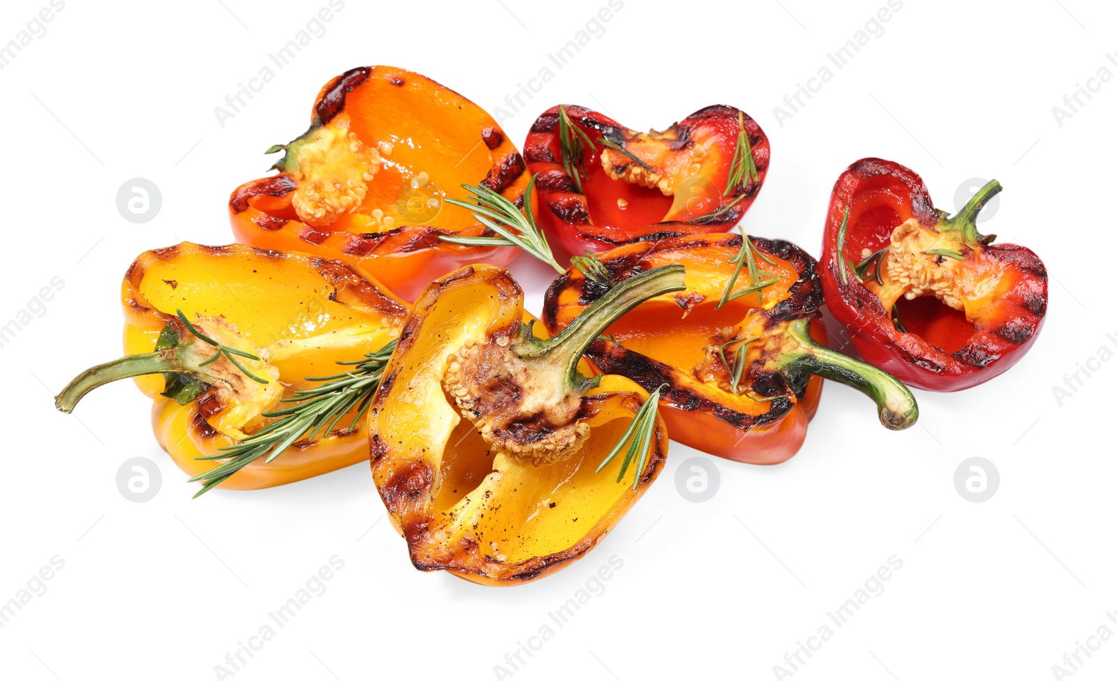 Photo of Tasty grilled bell peppers and rosemary isolated on white