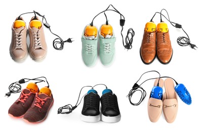 Image of DIfferent stylish footwear with electric shoe dryers on white background, collage