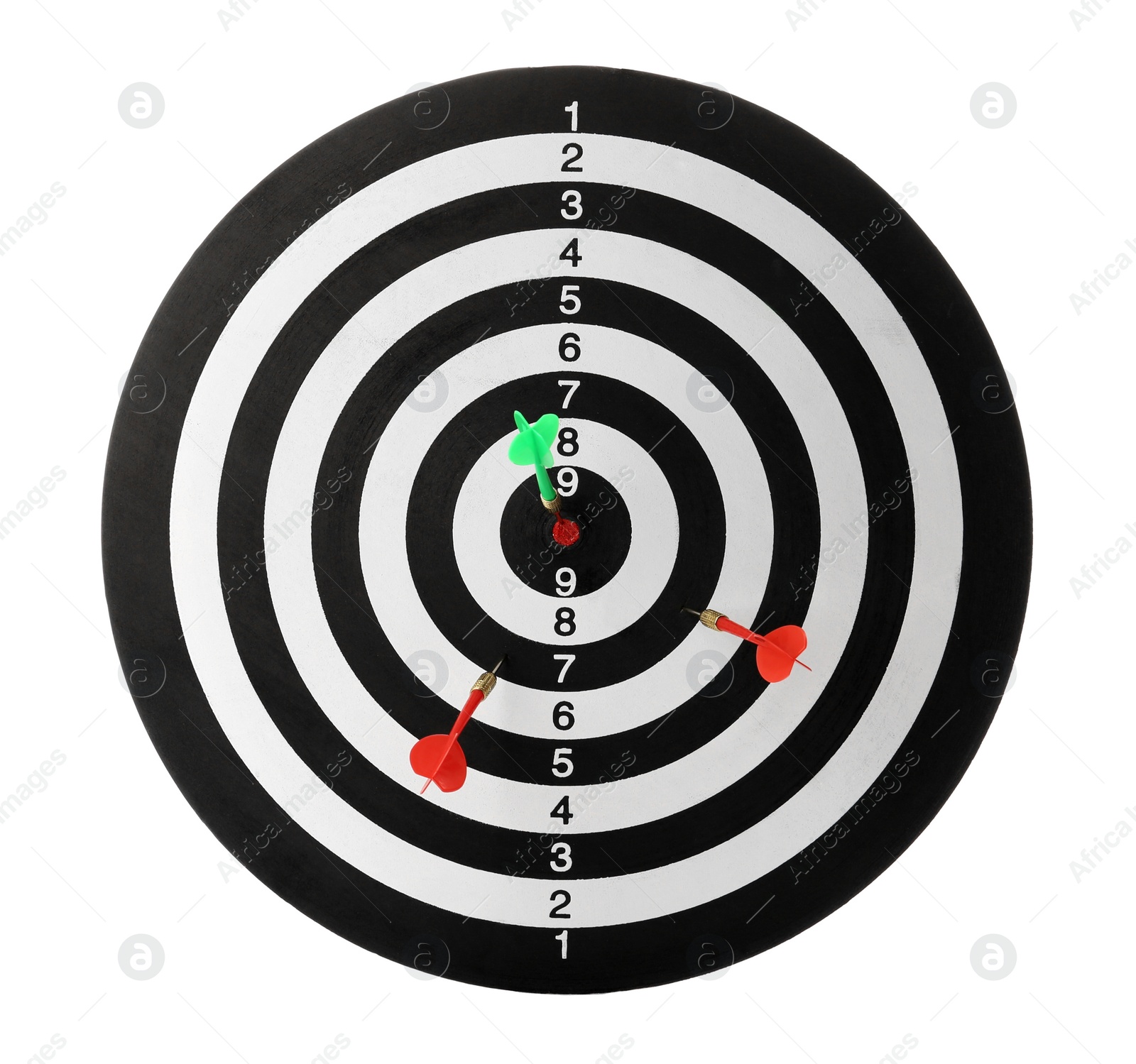 Photo of Arrows hitting target on dart board against white background