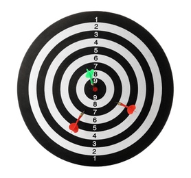 Photo of Arrows hitting target on dart board against white background