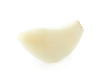 Photo of Fresh peeled garlic clove on white background