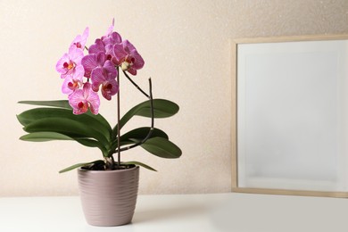 Beautiful pink orchid flower and empty frame on white table, space for text