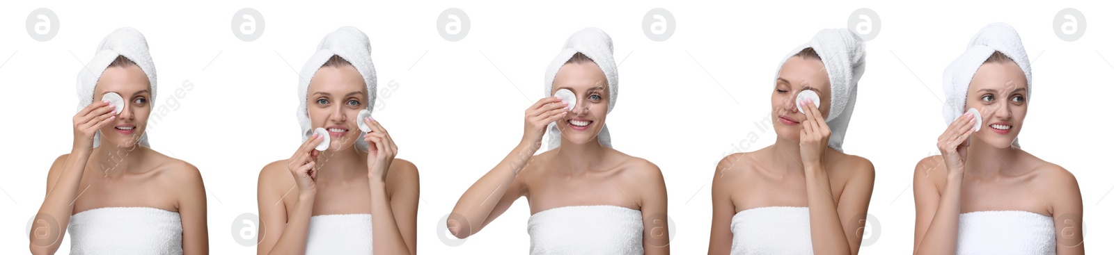 Image of Woman cleaning her face with cotton pads on white background, set of photos