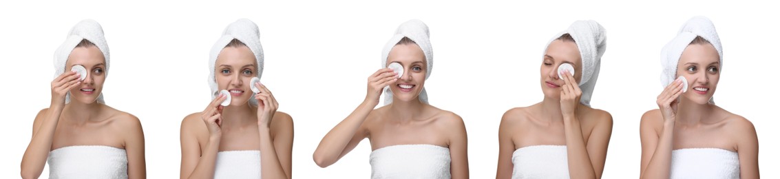 Woman cleaning her face with cotton pads on white background, set of photos