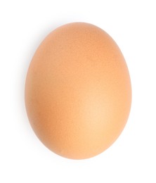 Photo of One raw chicken egg isolated on white, top view