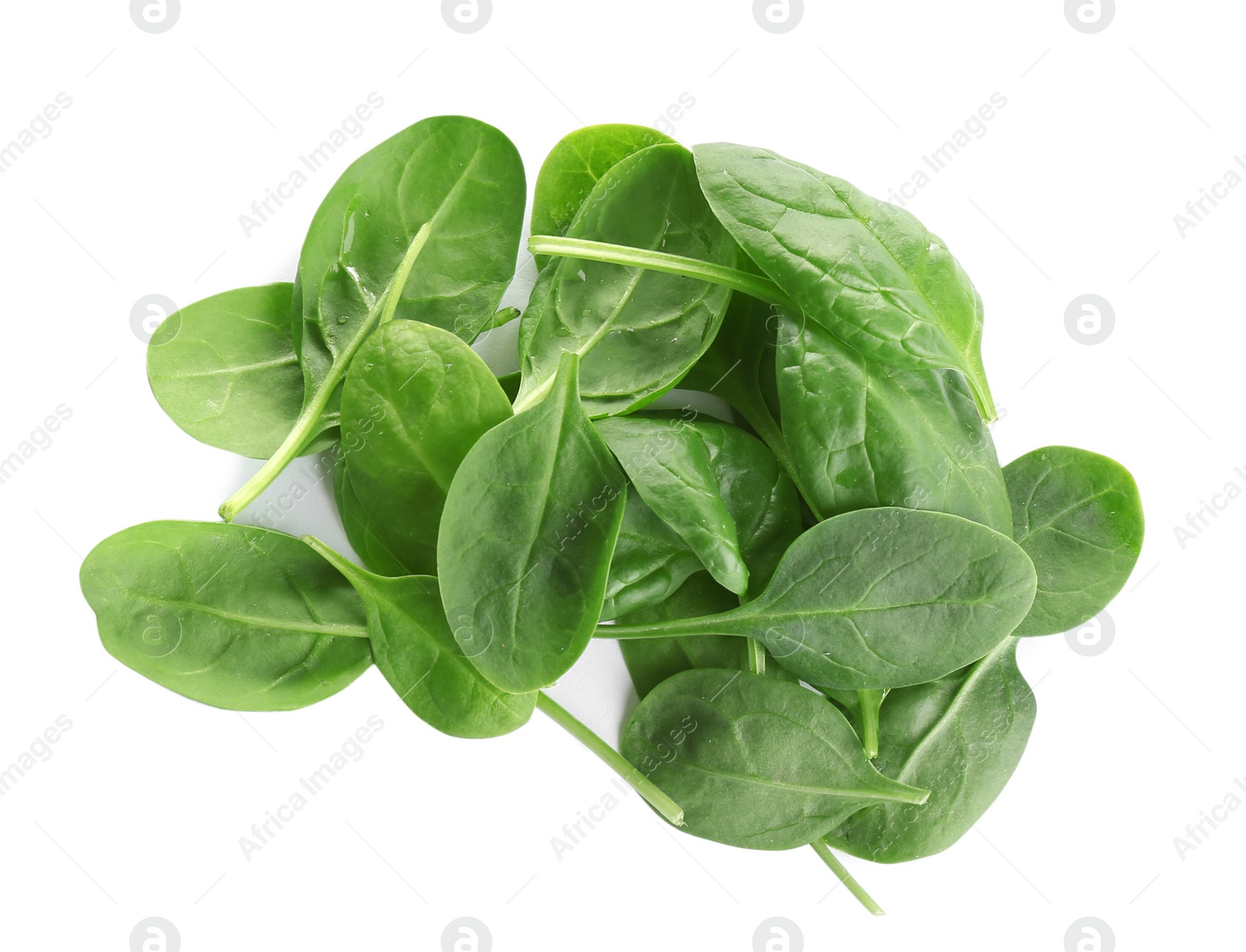 Photo of Pile of fresh green healthy baby spinach leaves on white background, top view