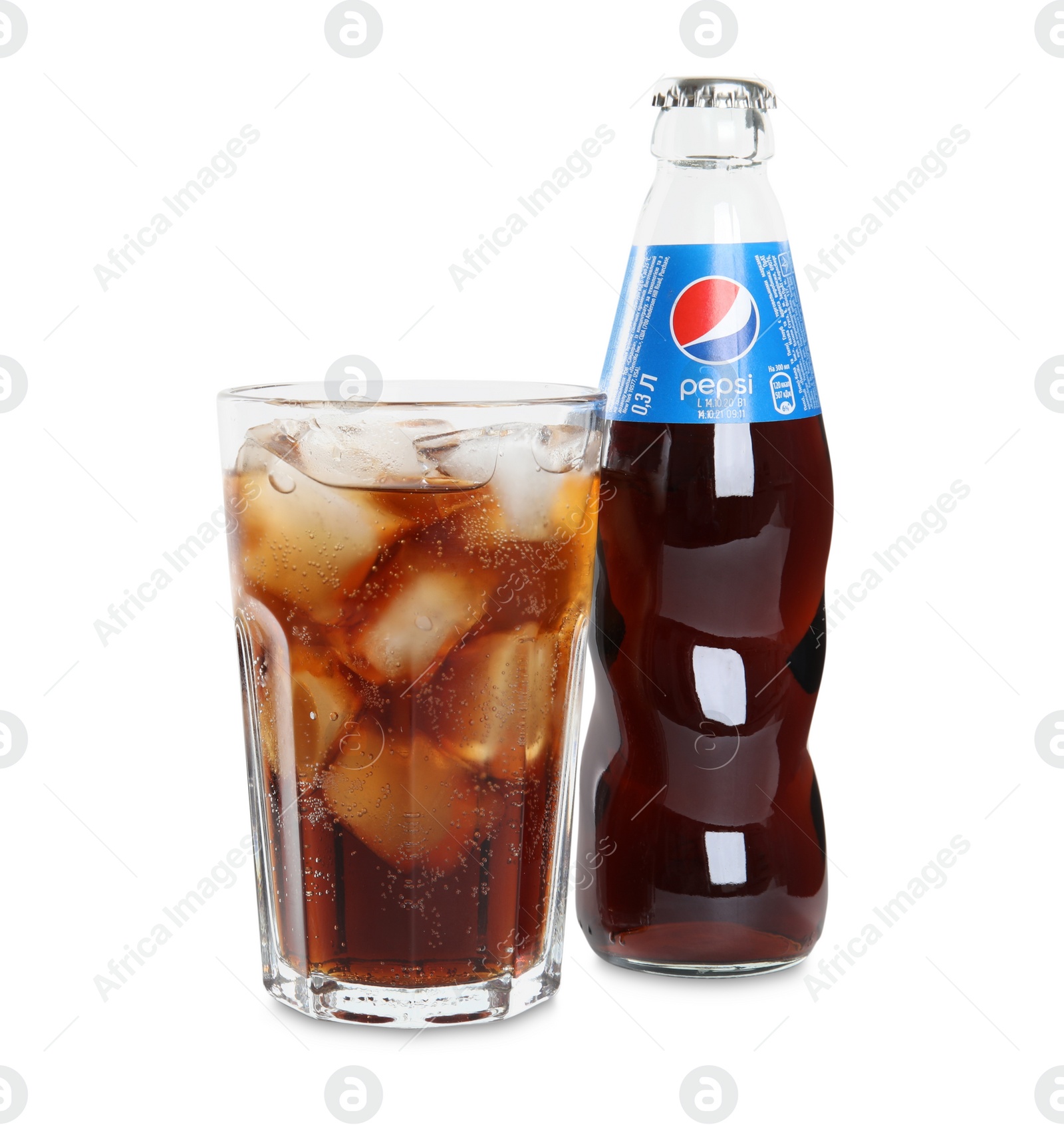 Photo of MYKOLAIV, UKRAINE - FEBRUARY 10, 2021: Glass and bottle of Pepsi on white background