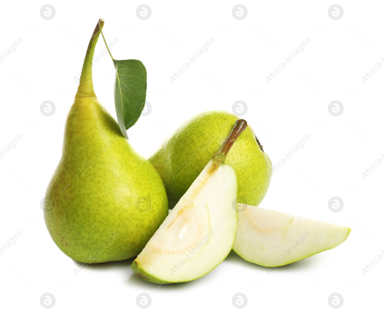 Photo of Whole and sliced pears on white background