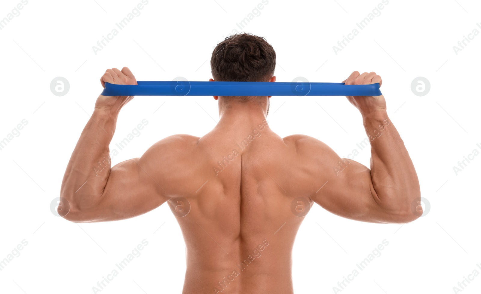 Photo of Young man exercising with elastic resistance band on white background, back view