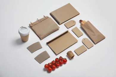 Photo of Composition with items for mock up design on light background. Food delivery service