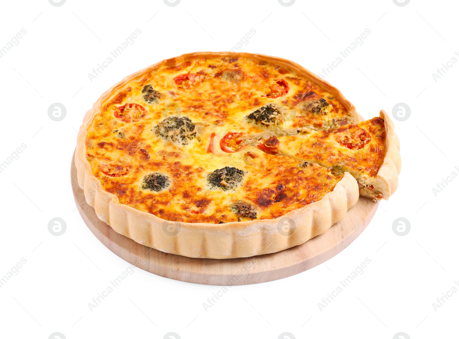 Photo of Delicious homemade vegetable quiche isolated on white