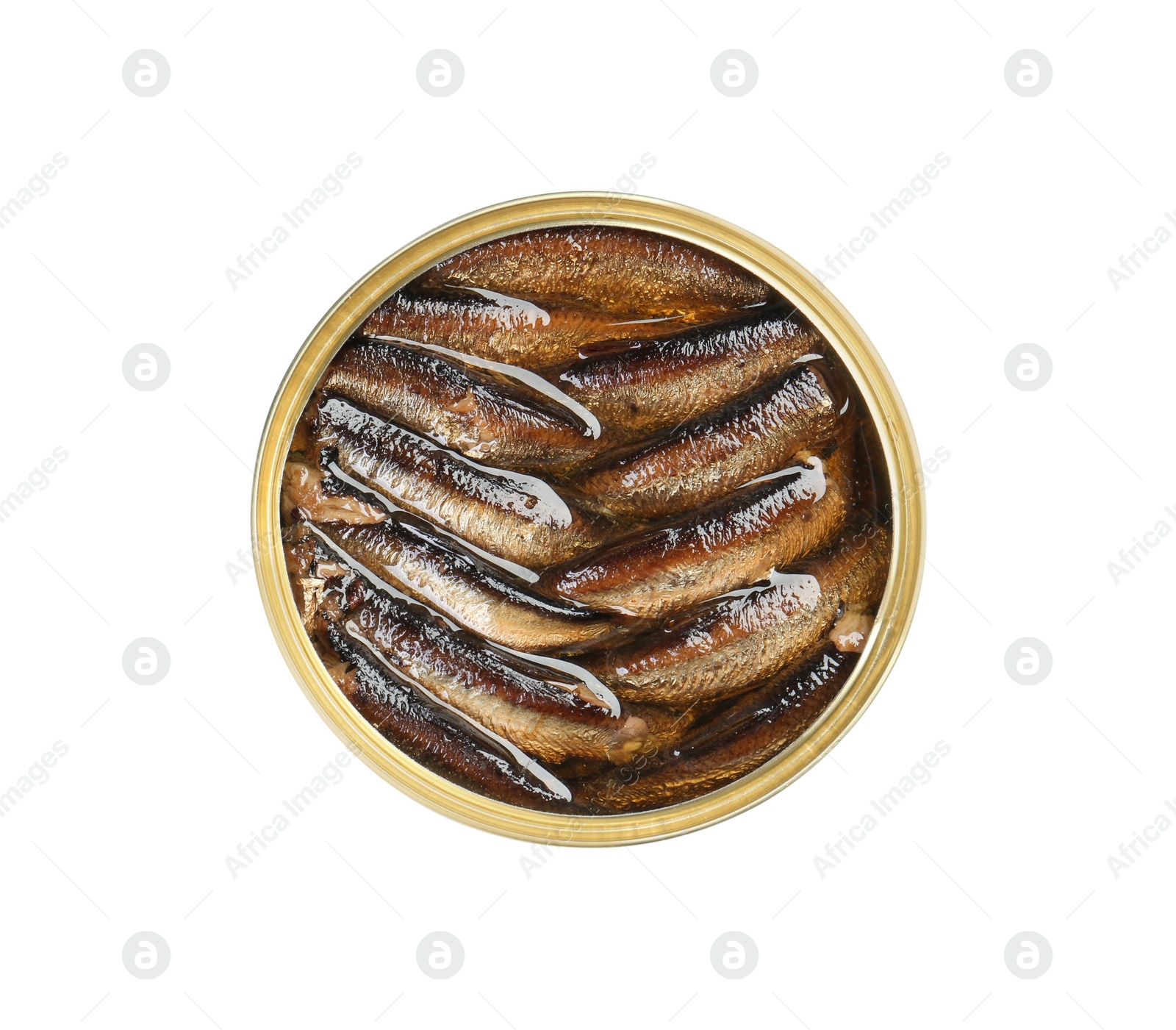 Photo of One tin can of sprats isolated on white, top view