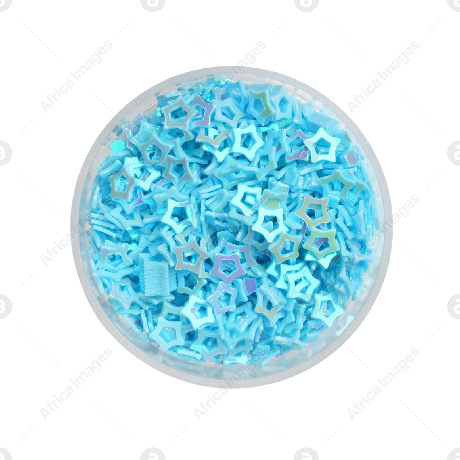 Photo of Light blue sequins in shape of stars on white background, top view