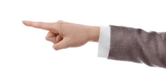 Photo of Woman pointing with index finger on white background, closeup. Responsibility concept