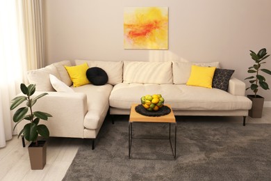 Photo of Stylish living room interior with modern comfortable sofa