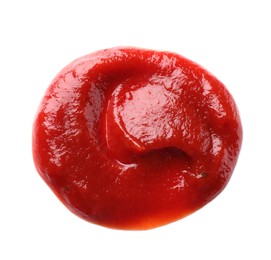 Photo of Tasty ketchup isolated on white, top view