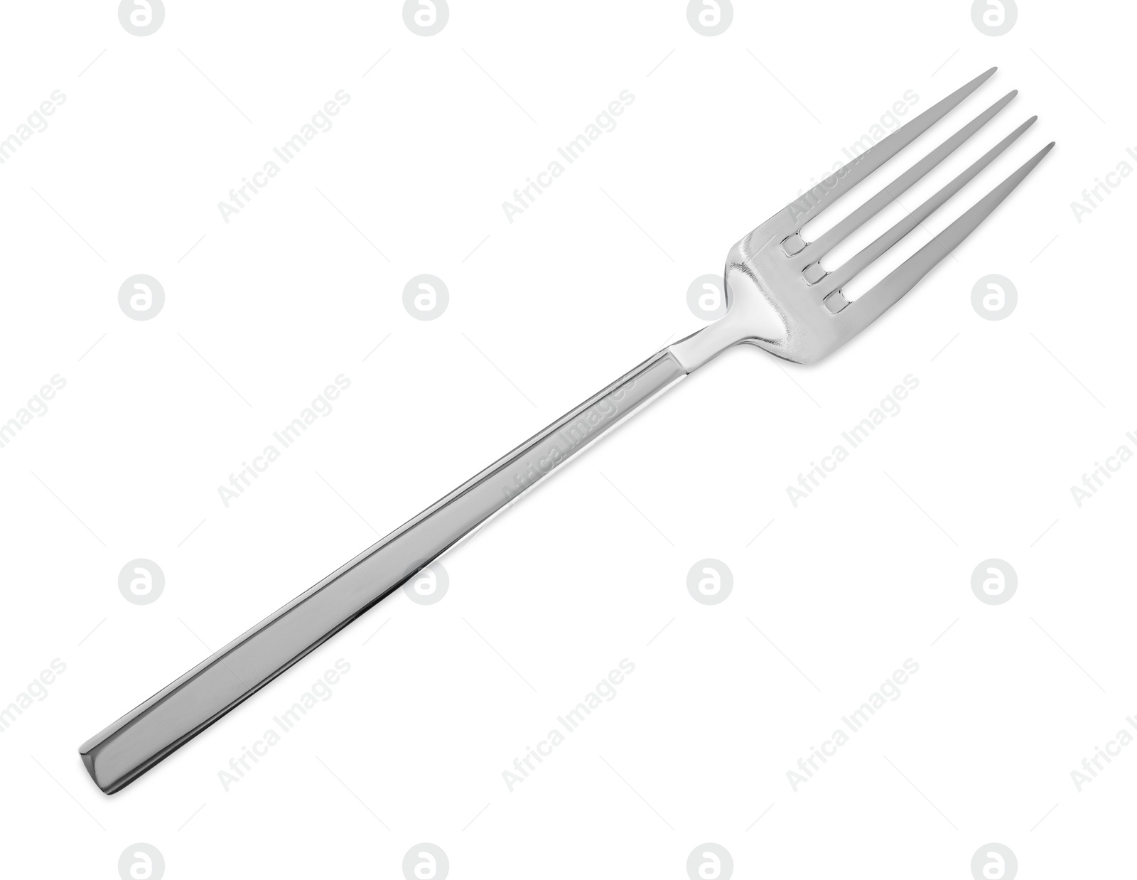 Photo of One shiny metal fork isolated on white, top view